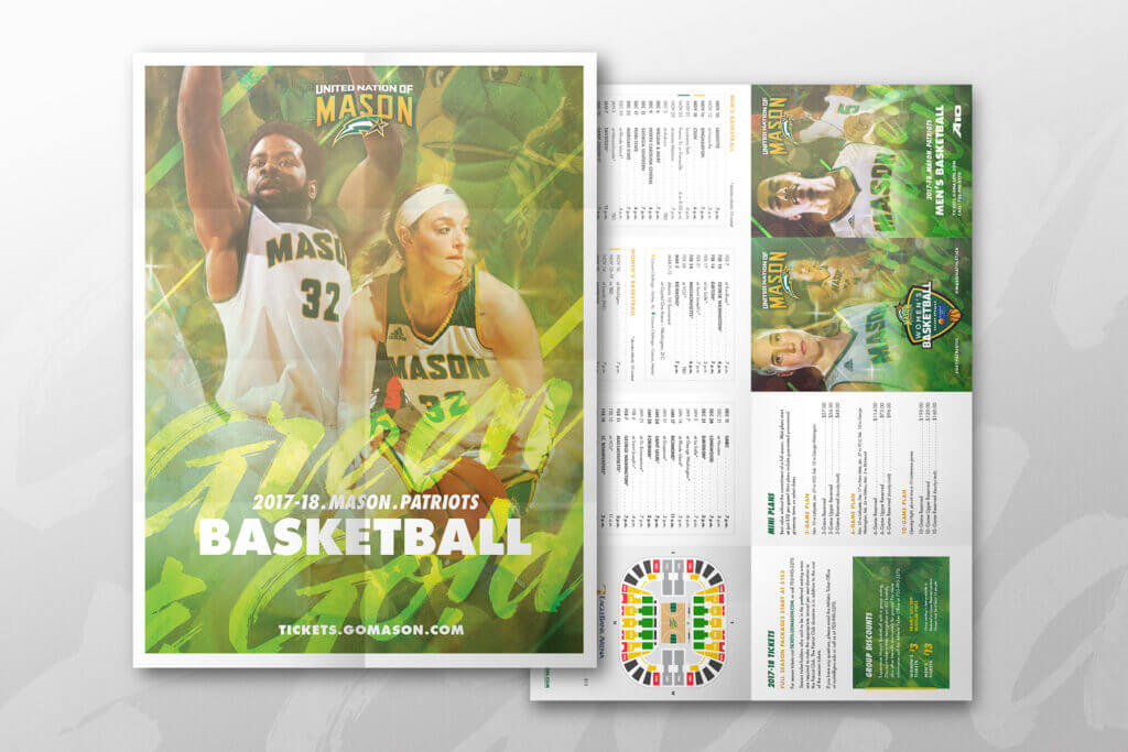 A mocked-up foldable basketball schedule and poster.
