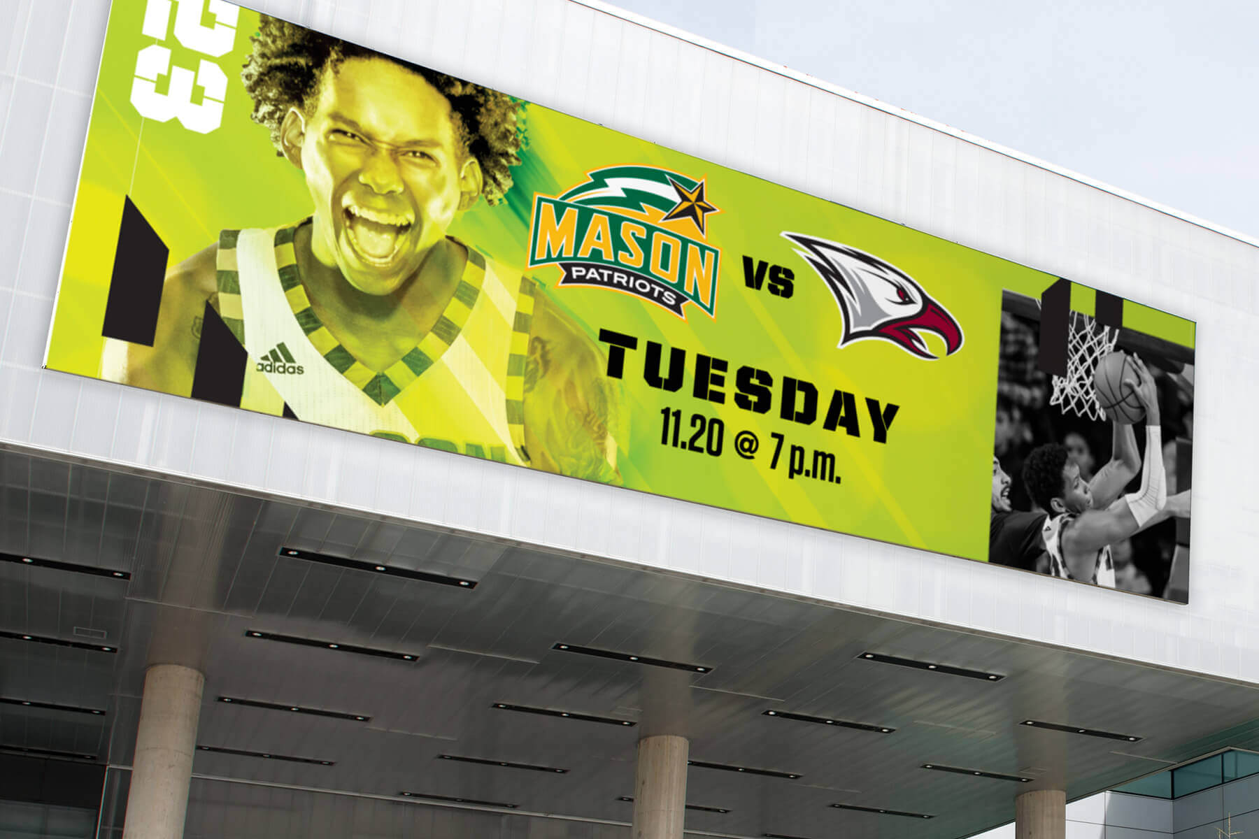 A mocker up banner advertisement on the side of a building.