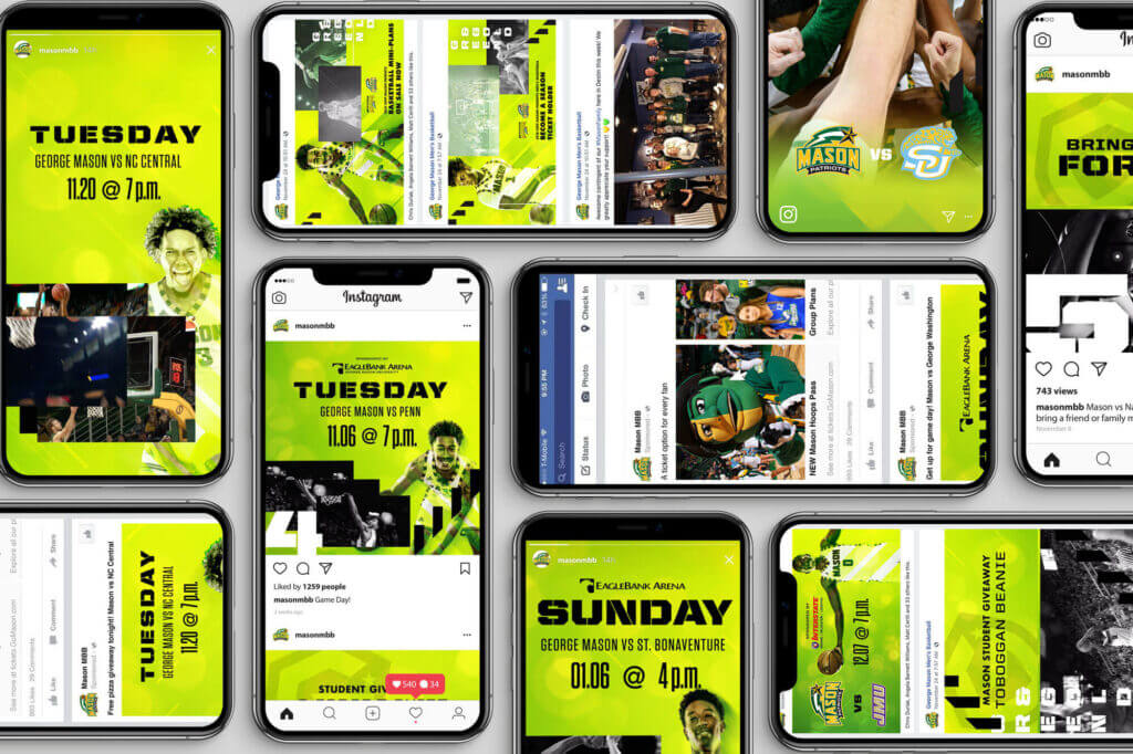 A series of phones displaying different digital ads and social media posts related to GMU’s basketball team and upcoming games.