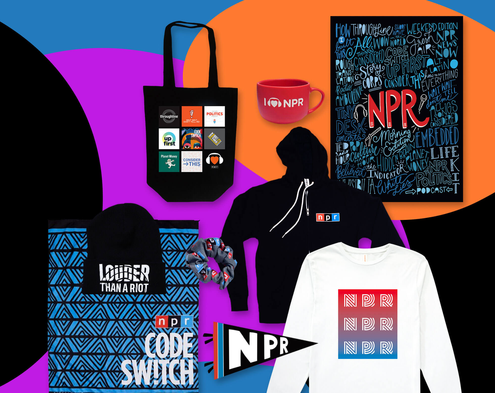 A collage of different merchandise items bearing the NPR logo.