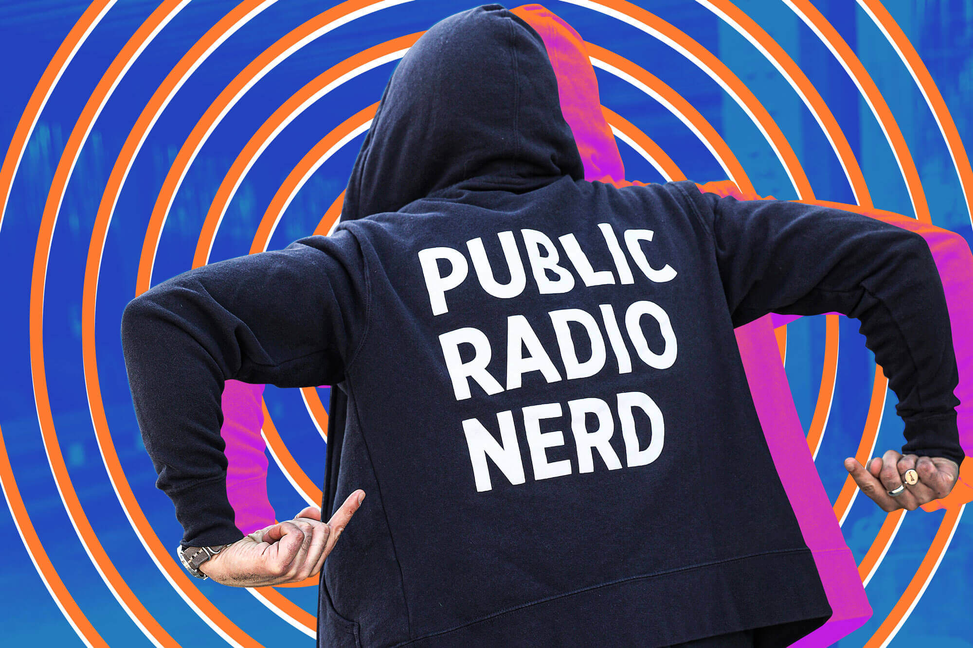 A person wearing a black hooded sweatshirt that says “public radio nerd” on the back.