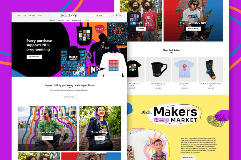 Two full-screen screenshots of pages from the NPR Makers Market website.
