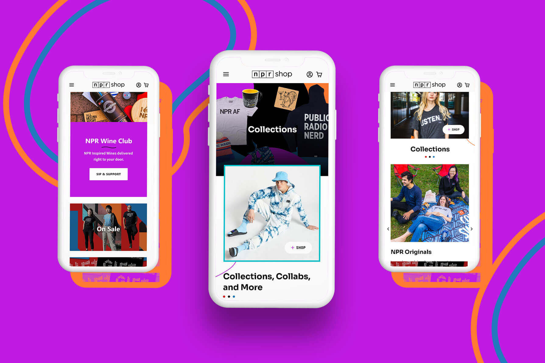 Three phones displaying different pages from the NPR Makers Market website.
