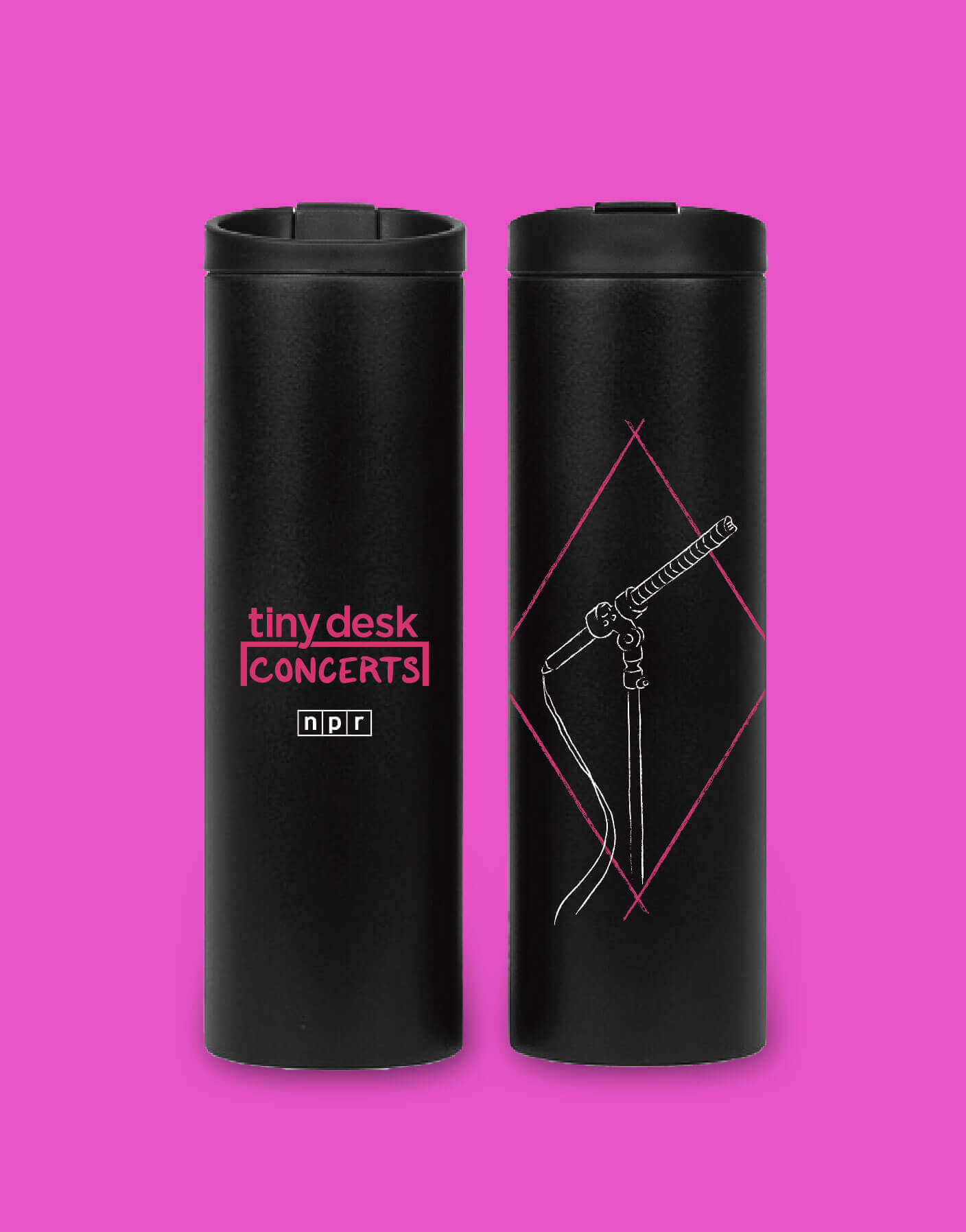 A black coffee thermos on a pink background.
