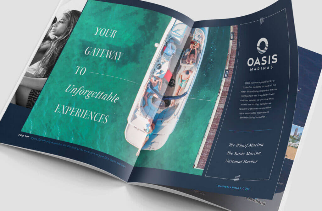 A mocked-up magazine ad featuring a boat on the water paired with the headline, “your gateway to unforgettable experiences.”

