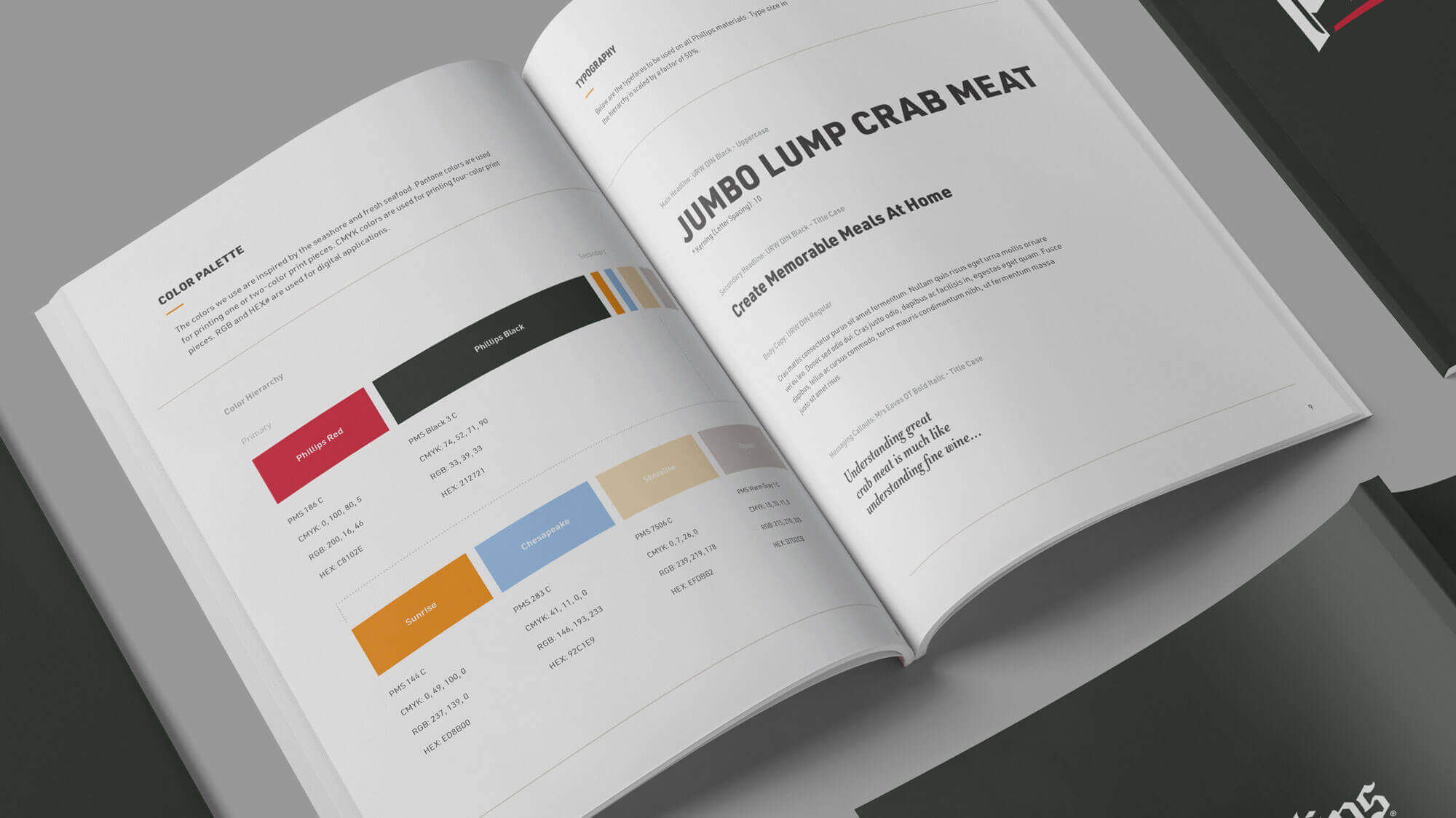 Phillips Seafood brand guidelines mocked up as a printed booklet.