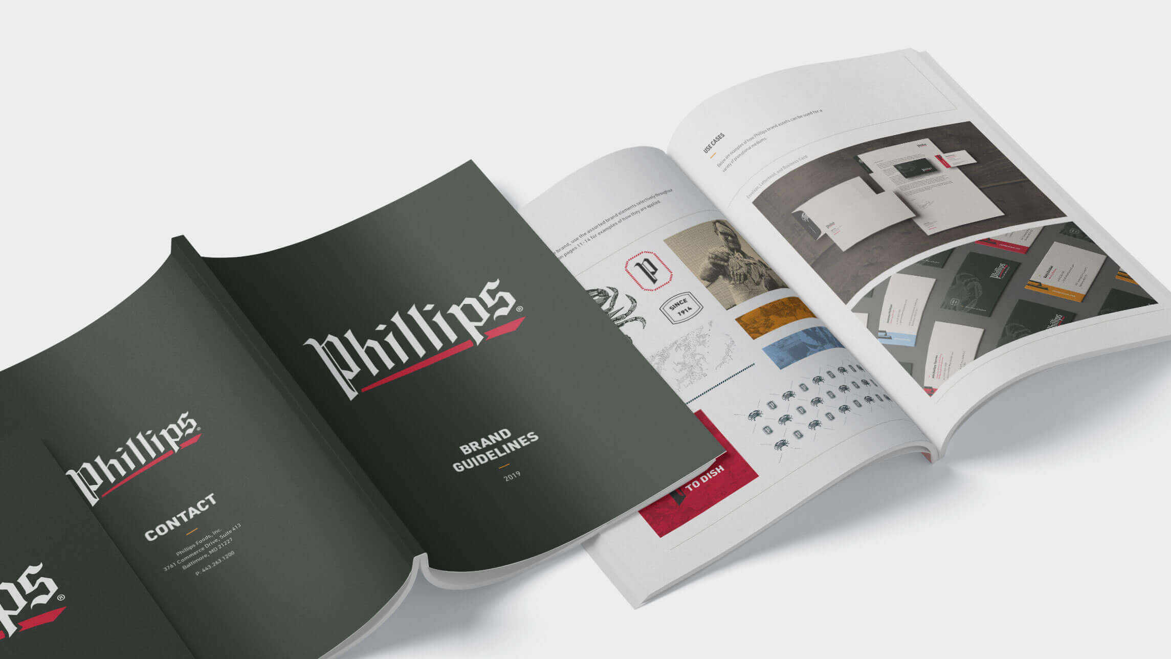 The front and reverse of the Phillips Seafood brand guidelines mocked up as a printed booklet.