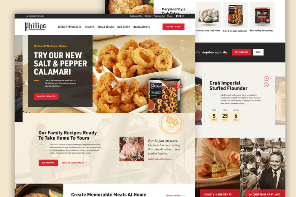 A screenshot of different pages from the Phillips Seafood website.