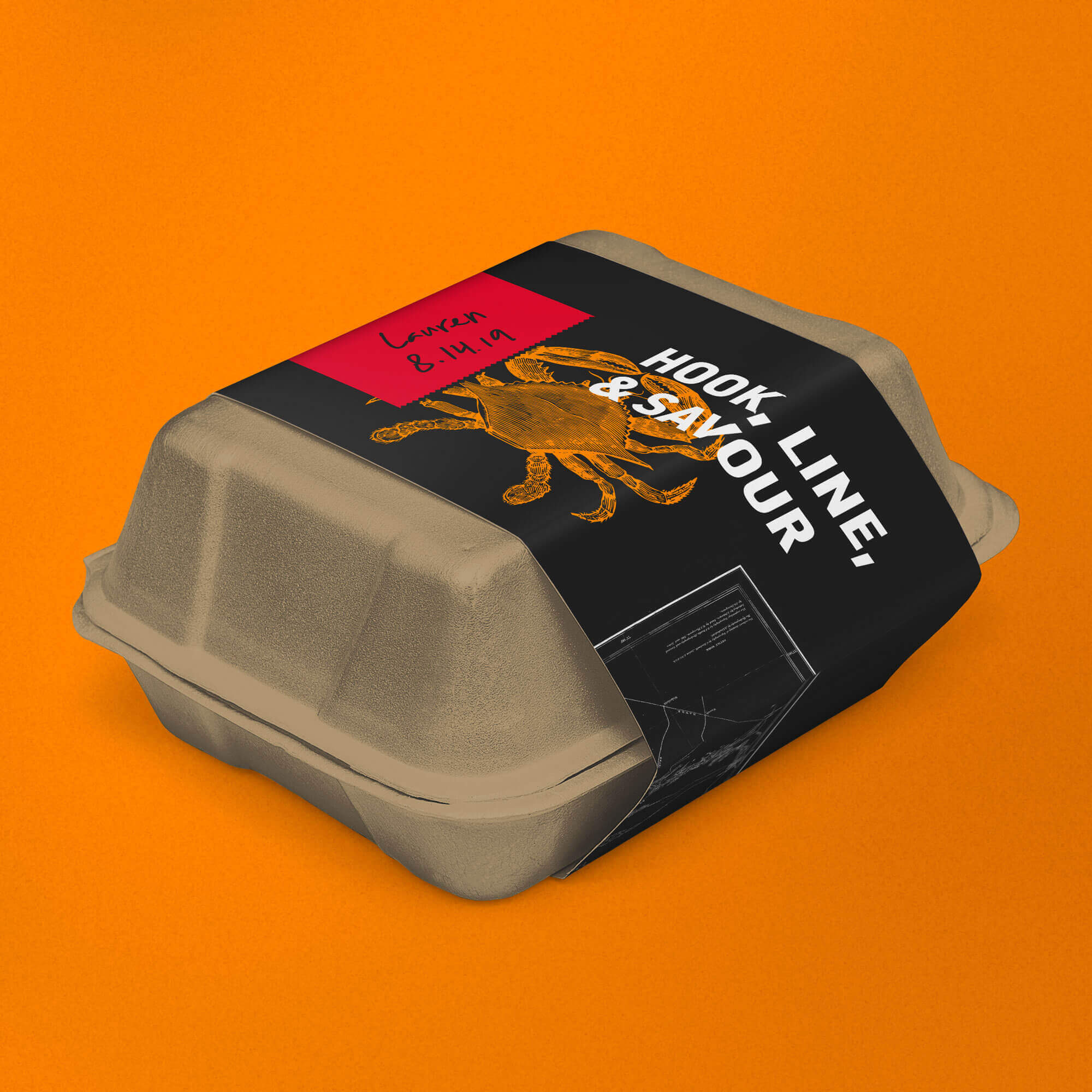 A to-go food container with a branded sleeve wrapped around it.