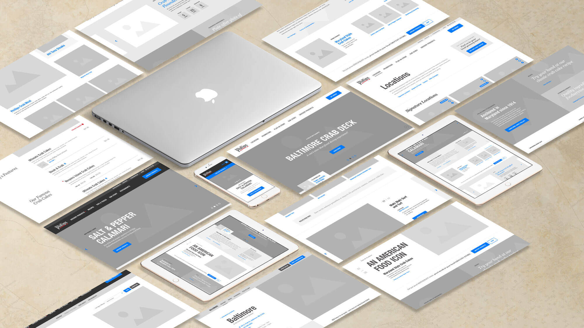 An array of wireframe website pages.