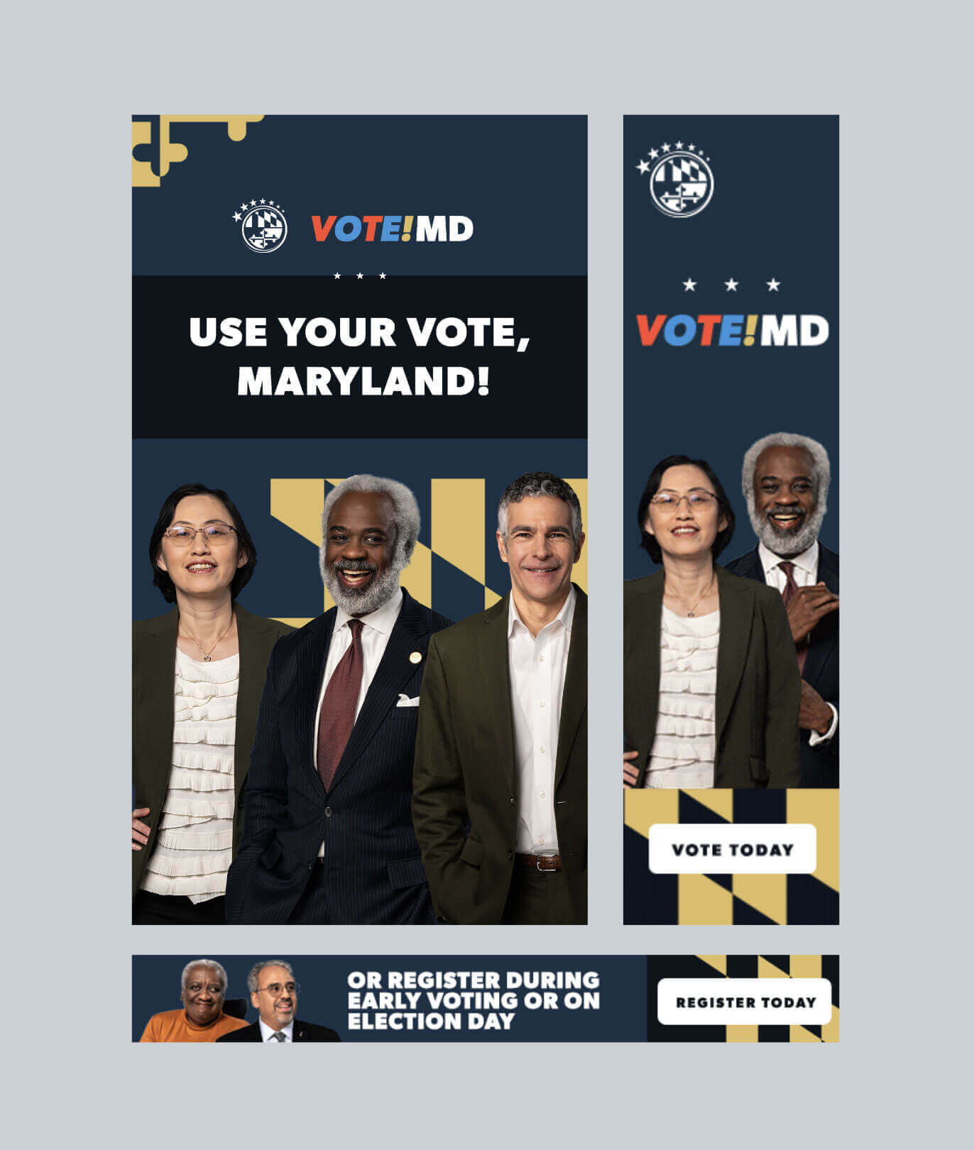 Three banner ads used during the campaign featuring a selection of campaign messaging and election information.