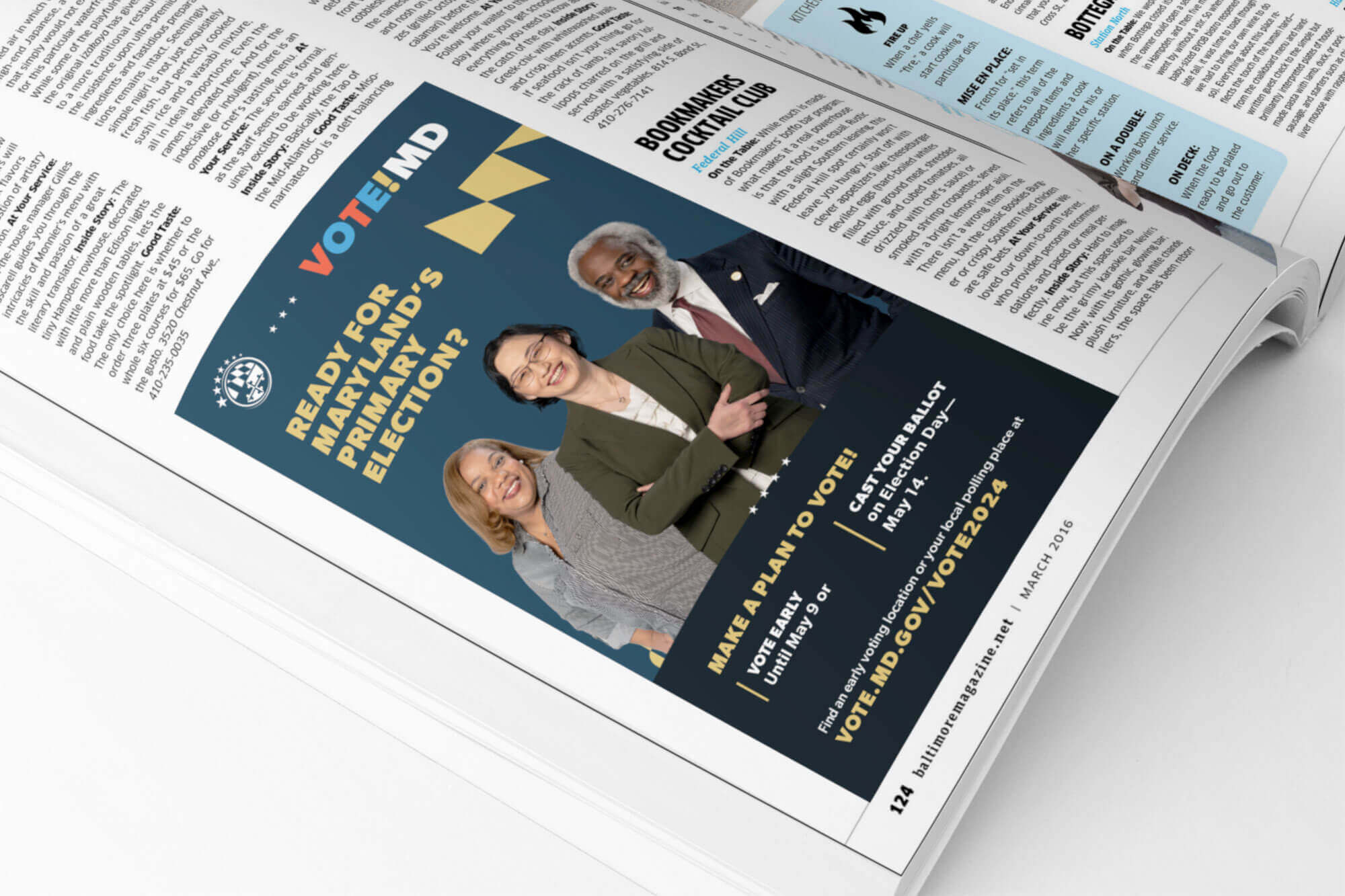 A mocked-up magazine ad featuring three people and campaign language and election information.