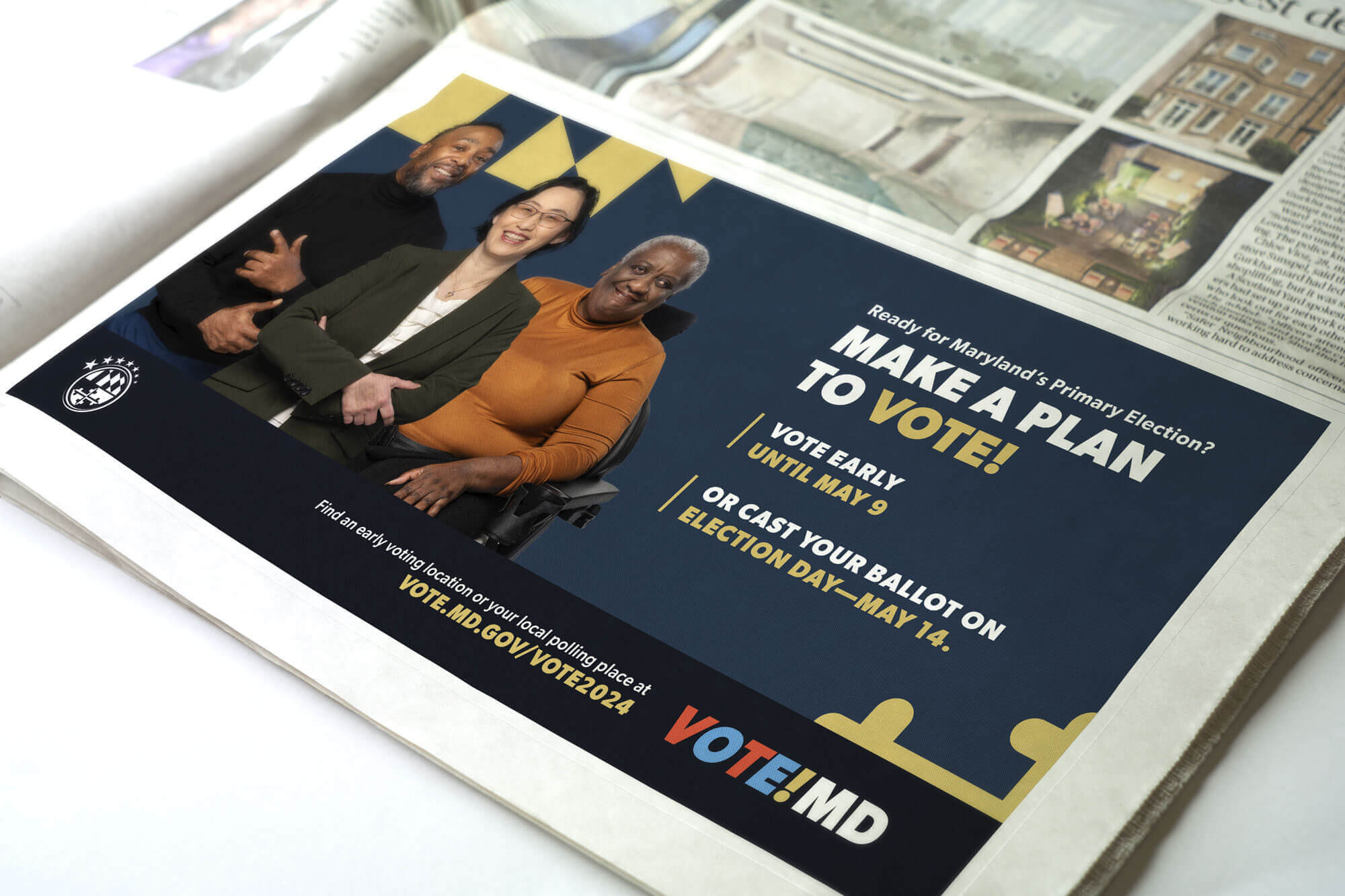 A mocked-up newspaper ad featuring three people and campaign language, reading “Make a plan to vote!”
