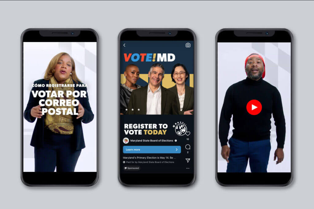 Three ads on phone screens featuring multiple people and relevant campaign language in English and Spanish.