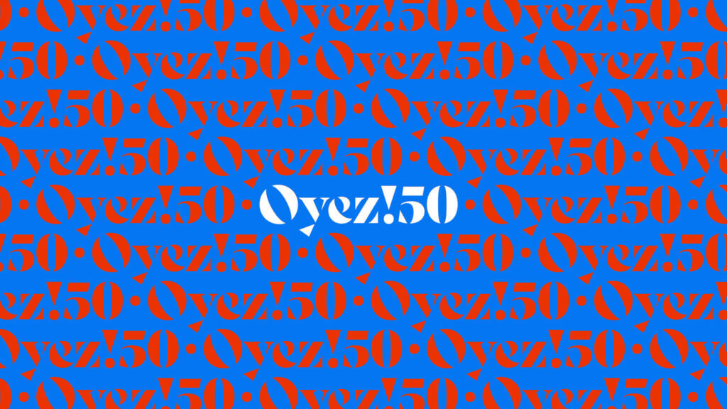 A red, blue, and white pattern made with the Oyez!50 campaign name.