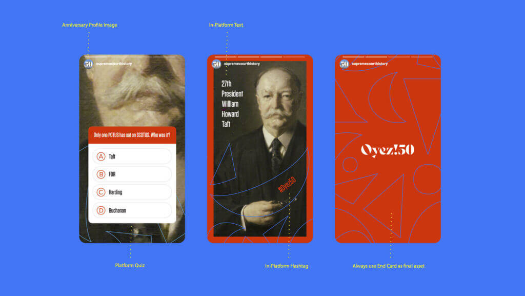 A series of three mocked-up social posts using campaign imagery and patterns.
