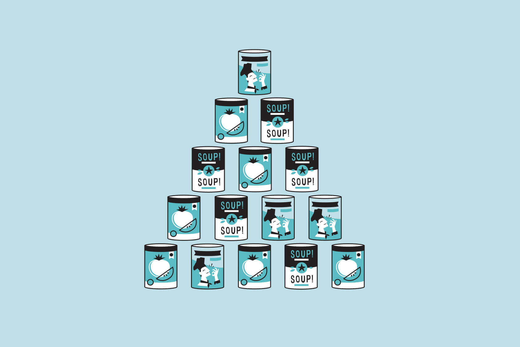 An illustration of soup cans stacked in a pyramid shape.