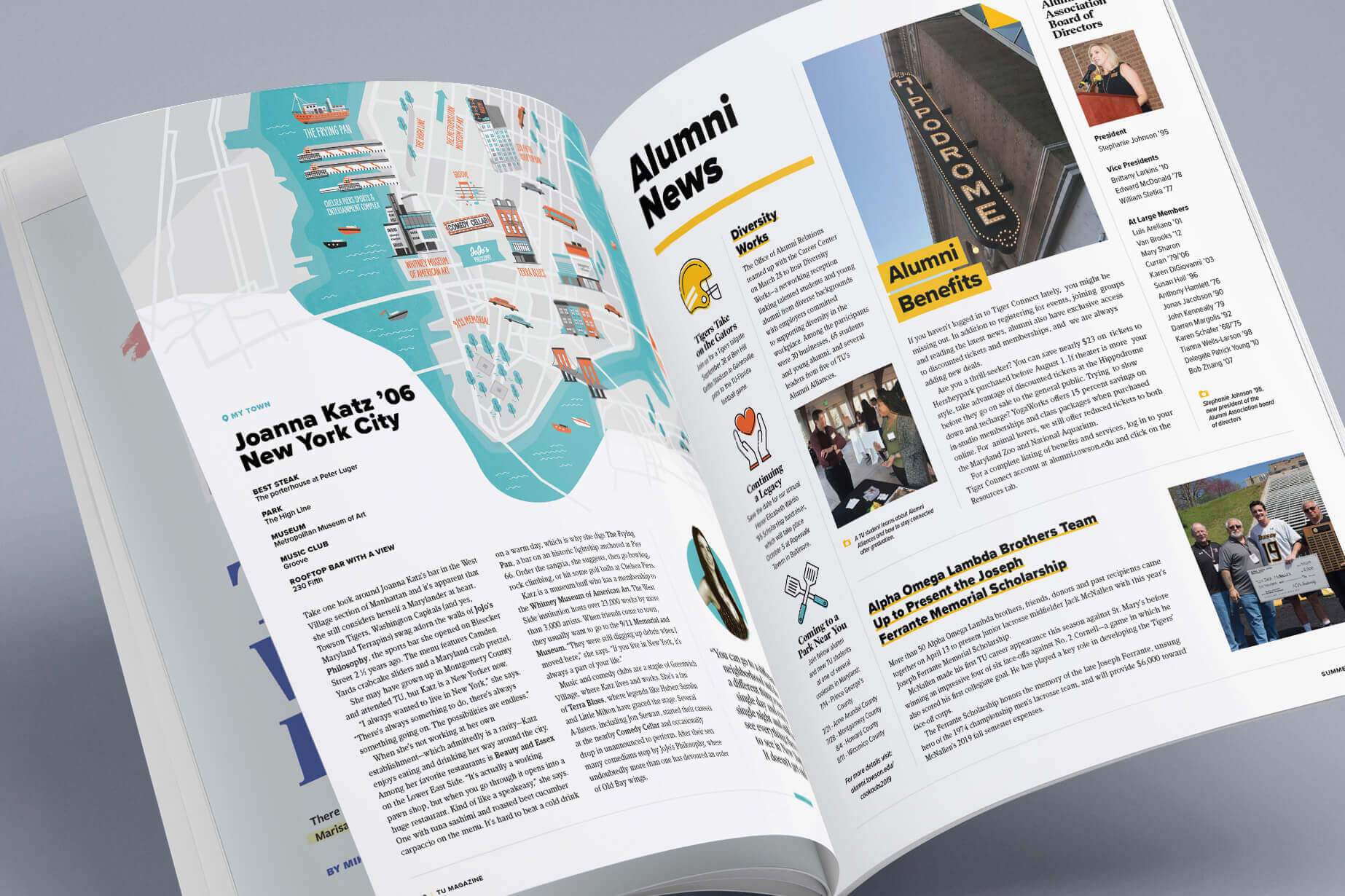 A spread from an issue of TU magazine featuring the illustration of New York City.