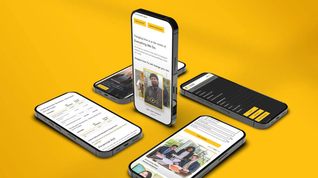 Five phones displaying various webpages.
