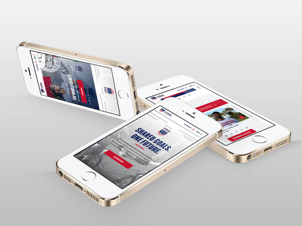 The USA Lacrosse website displayed on three phone screens.