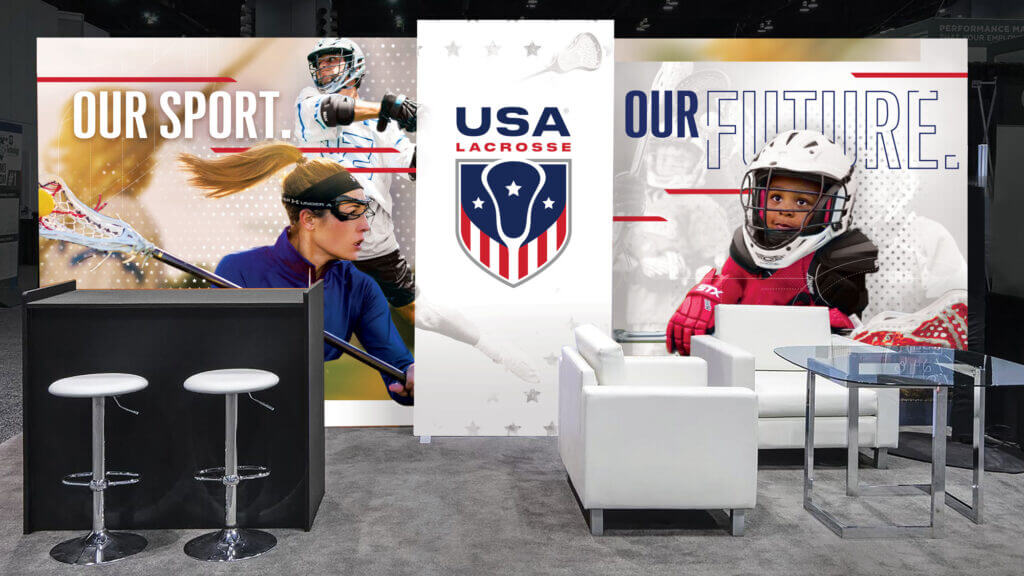 Trade show banners featuring USA Lacrosse imagery.