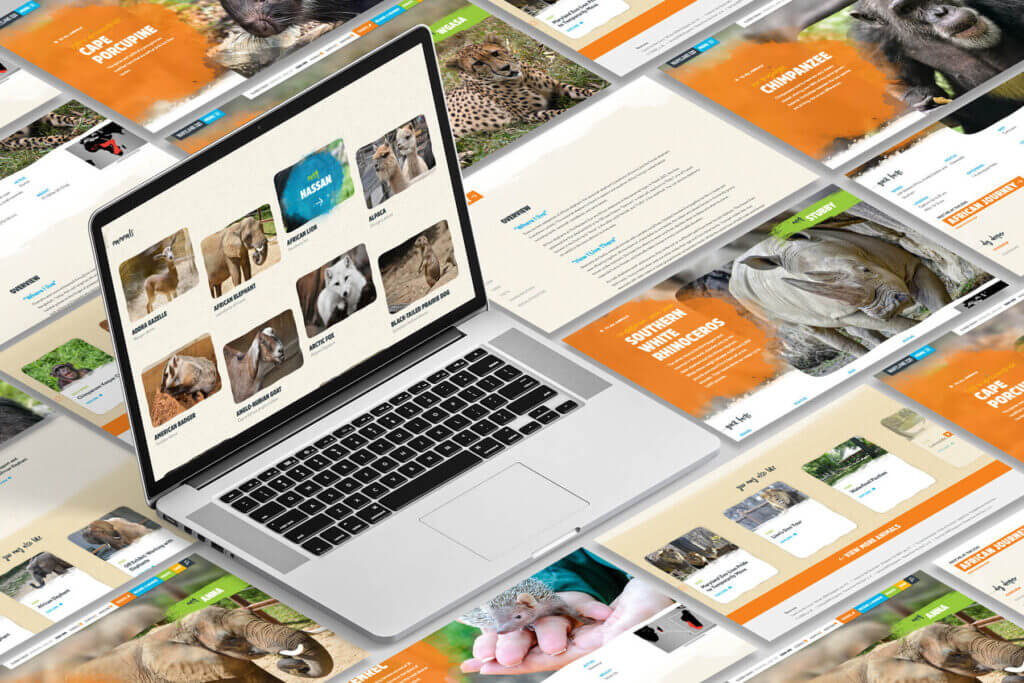 An array of animal-specific webpages; center is a laptop open to the mammals listing page.
