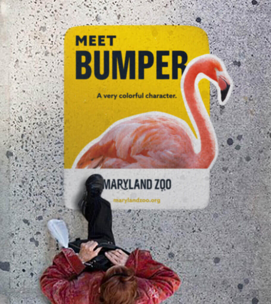 A mocked-up floor decal advertisement featuring a flamingo.
