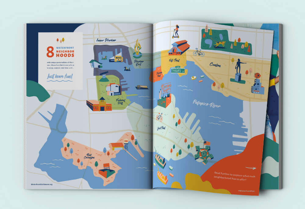 A Magazine spread featuring an illustration of Baltimore's waterfront.
