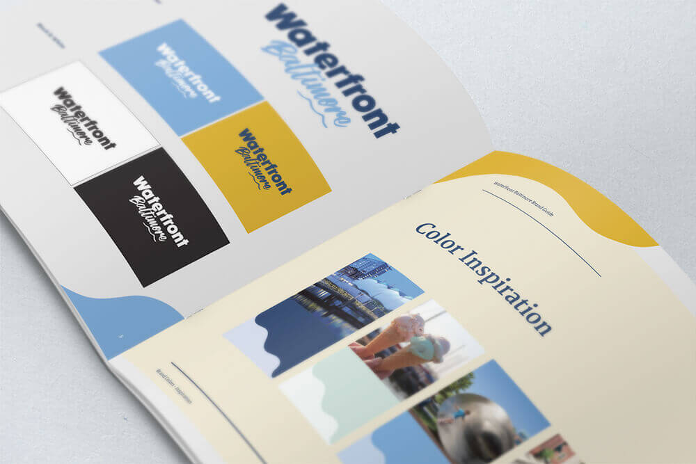 A booklet featuring brand guidelines for the Baltimore Waterfront partnership brand identity.