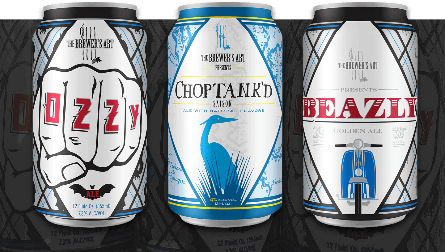 three beer cans, one Ozzy, one Choptank, and one Beazly