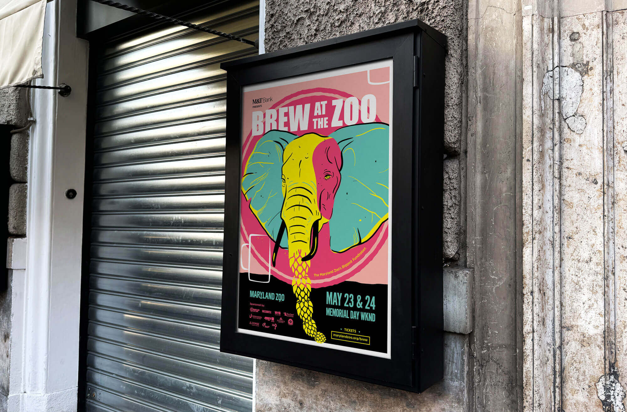physical poster advertising with elephant illustration in bold colors