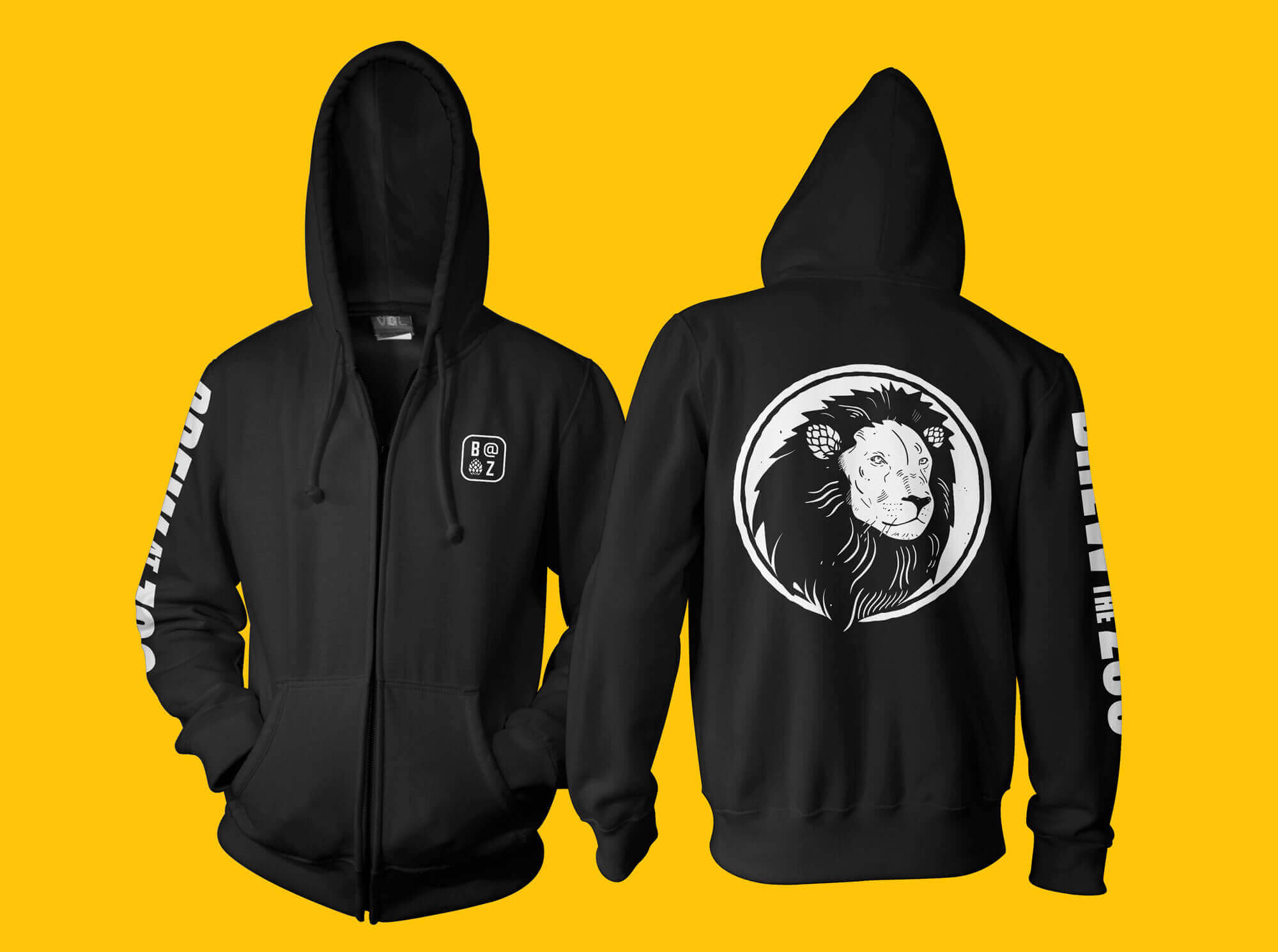 Hoodie merch with Brew at the Zoo monogram on front and lion illustration on reverse