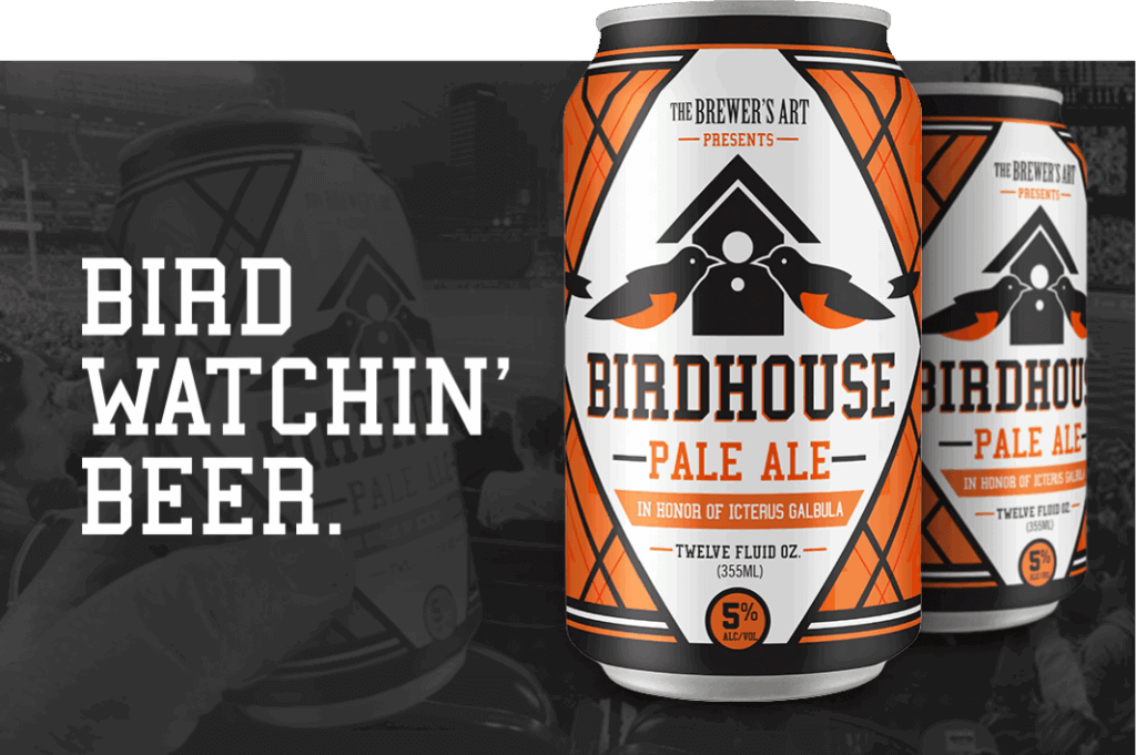 two cans of Brewer's Art Birdhouse Pale Ale with the slogan Bird Watchin' Beer next to it