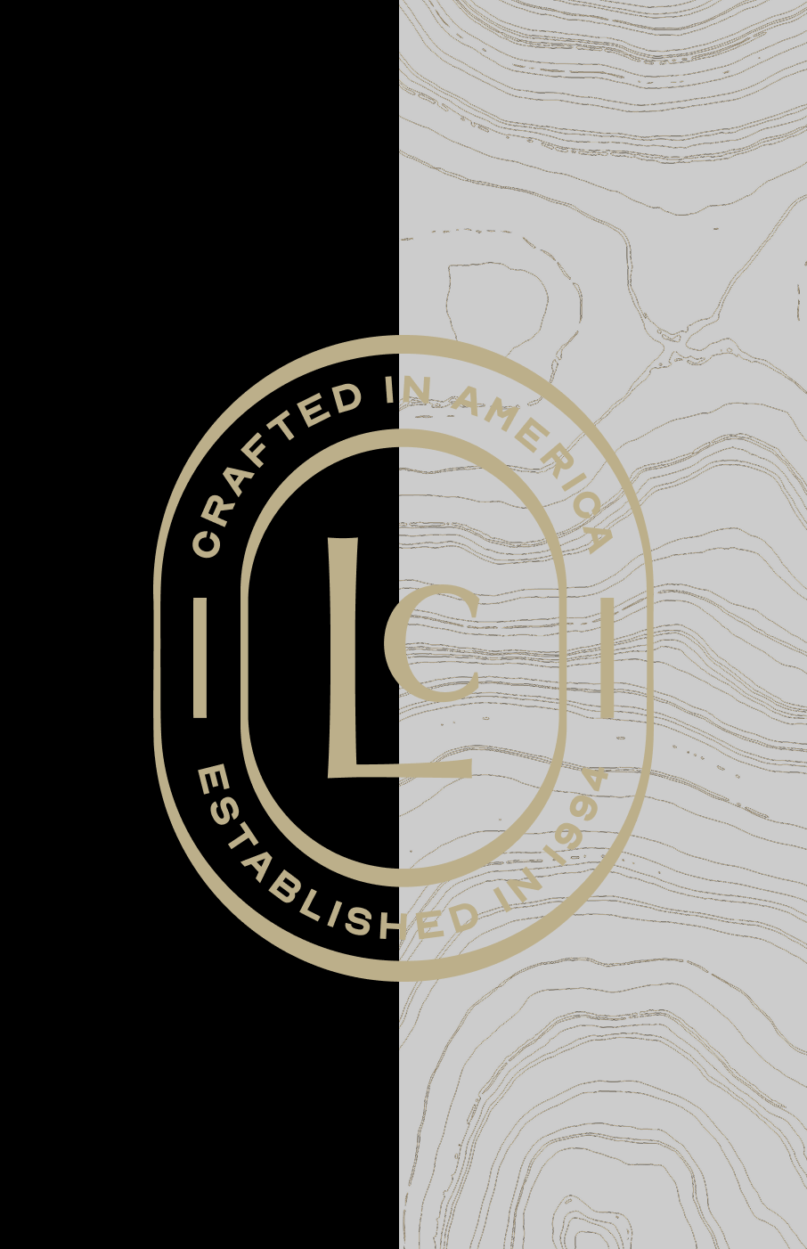 Legacy Cabinets LC seal with “Crafted in America • Established 1994” displayed over a black background with subtle topographic line pattern.