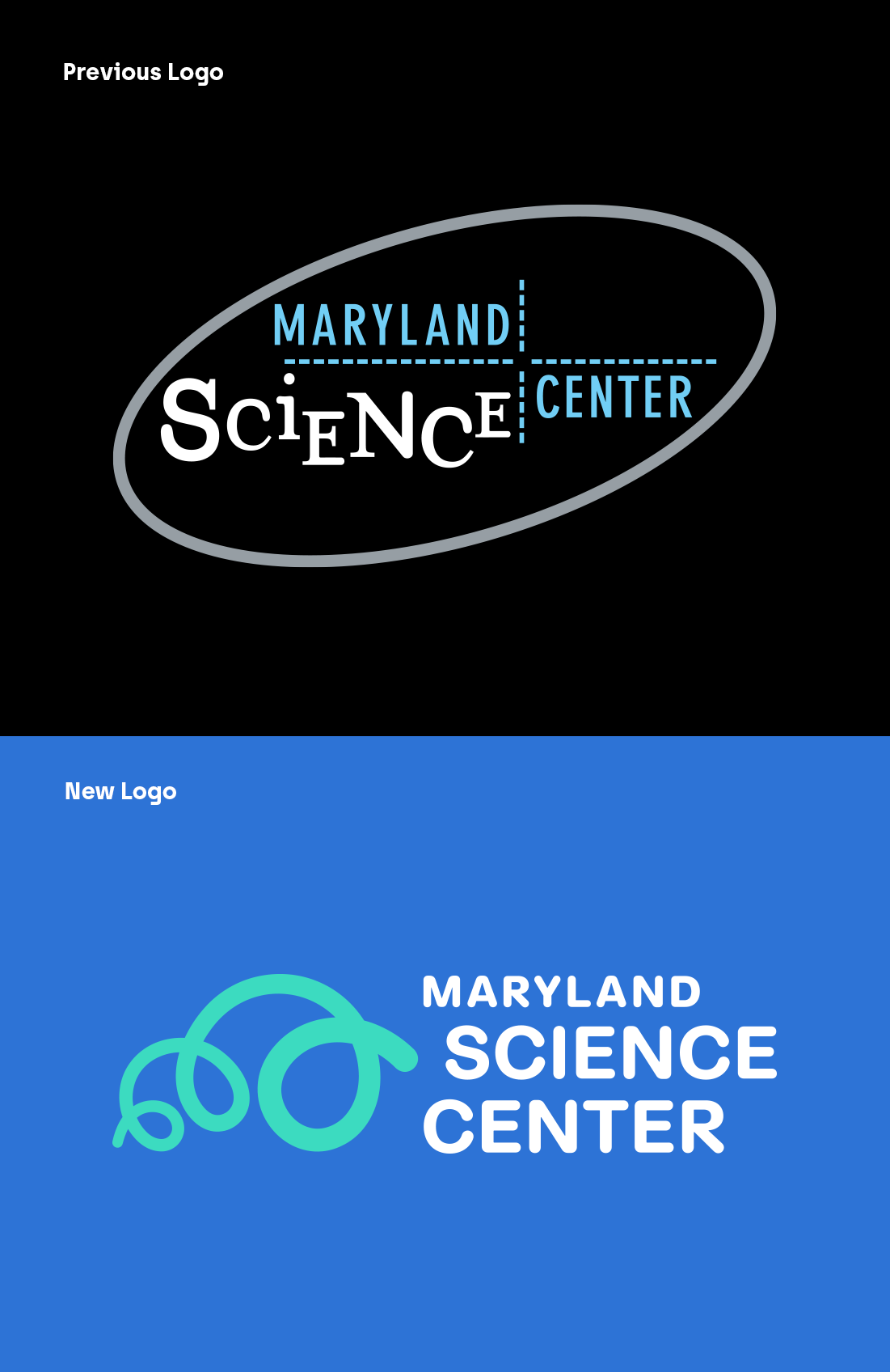 A visual comparison showing the previous logo versus the new logo. The top section labeled 
