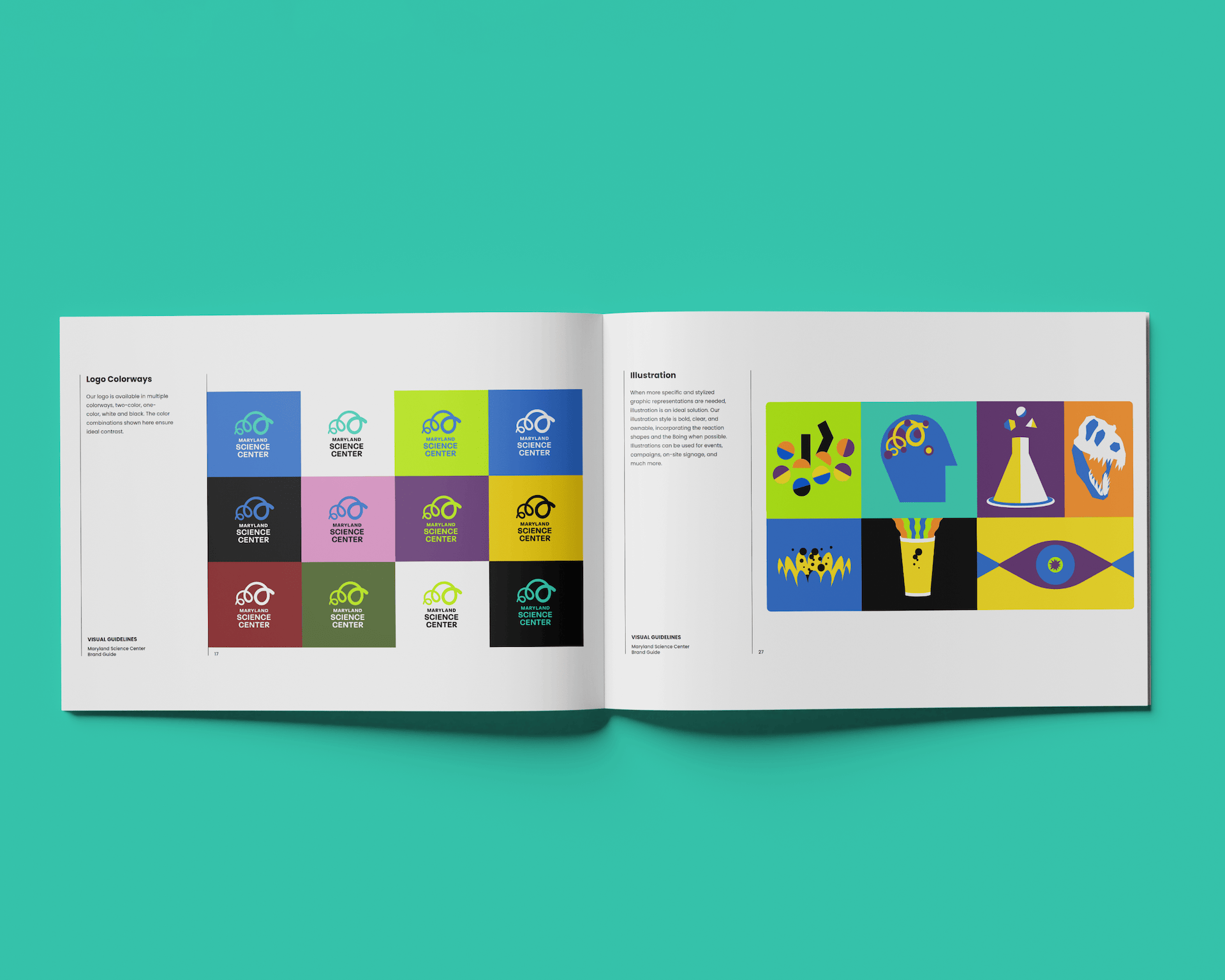 An open brand guide booklet on a teal surface, displaying multiple color variations of the Maryland Science Center logo on the left page, and a colorful grid of scientific illustrations (such as a dinosaur skull, a beaker, and an eye) on the right page.