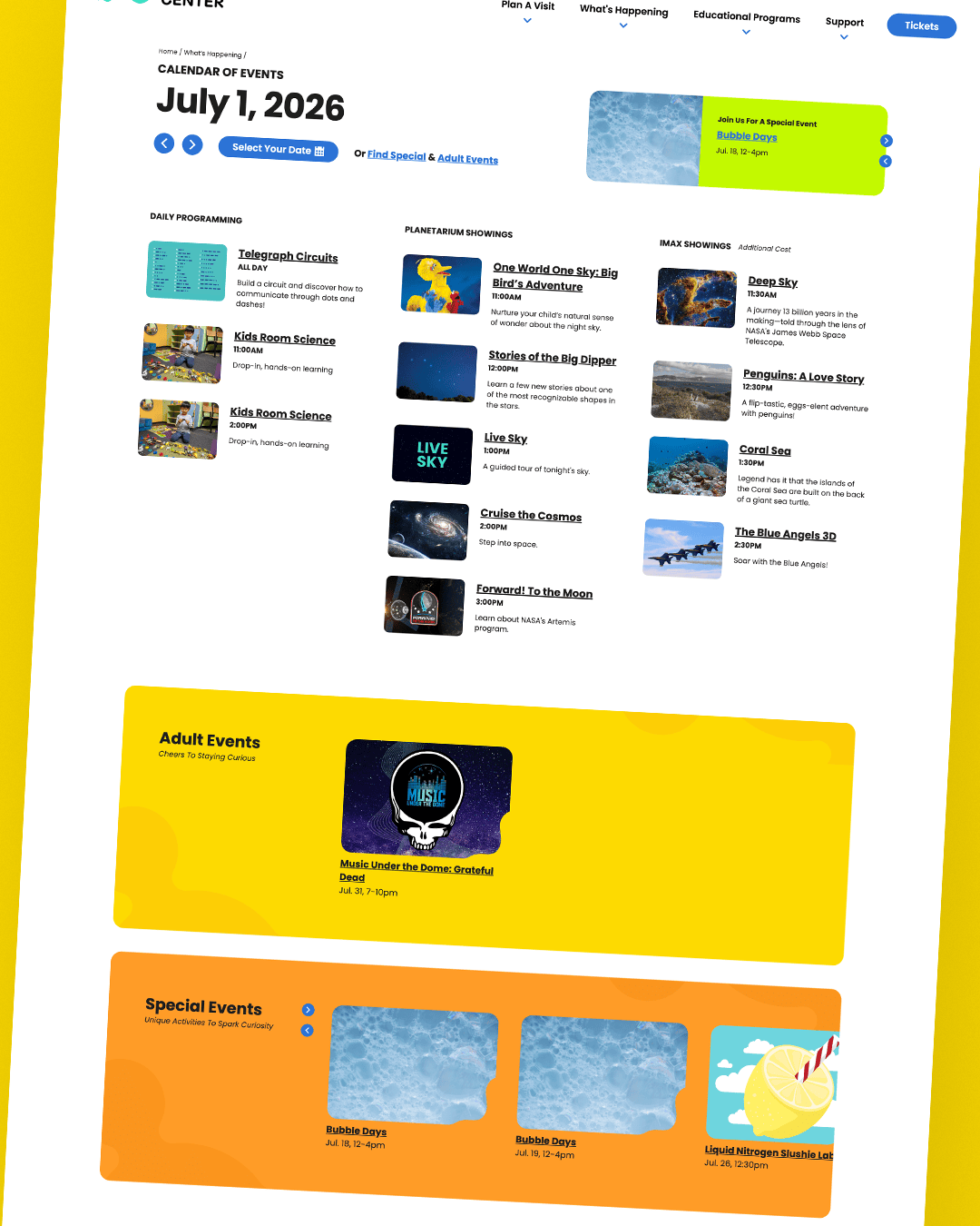 A full-page layout design of the Maryland Science Center's website calendar page for July 1, 2026. The clean interface organizes the day's schedule into structured sections for 