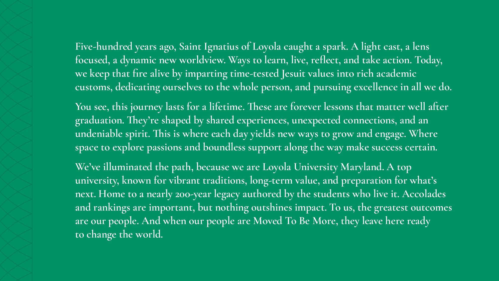 A text graphic on a green background outlining Loyola University Maryland's history, mission, and Jesuit values.