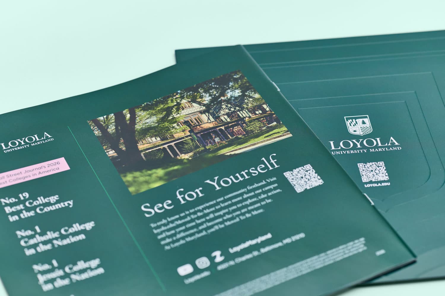 Back cover of the Loyola University Maryland viewbook showing ranking statistics on the left (
