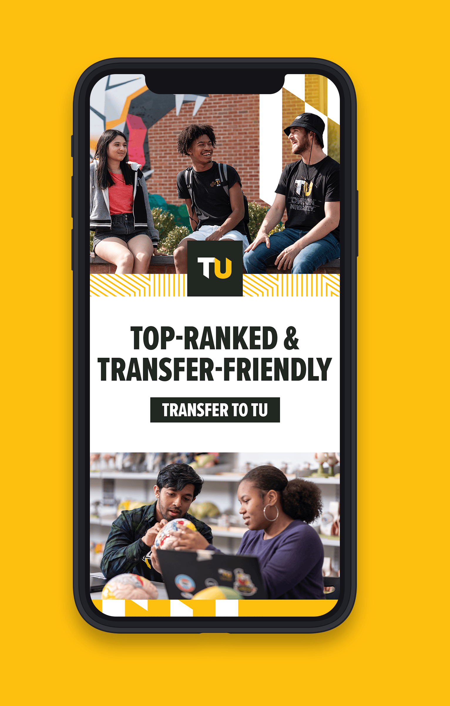 Mobile screen mockup showing a Towson University advertisement reading 
